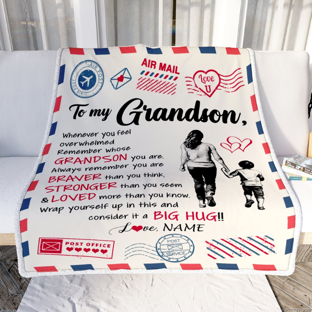 Personalized To My Grandson Blanket From Grandma Gigi Braver Stronger Loved Airmail Grandson Birthday Graduation Christmas Customized Fleece Throw Blanket | siriusteestore