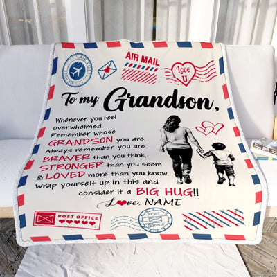 Personalized To My Grandson Blanket From Grandma Gigi Braver Stronger Loved Airmail Grandson Birthday Graduation Christmas Customized Fleece Throw Blanket | siriusteestore