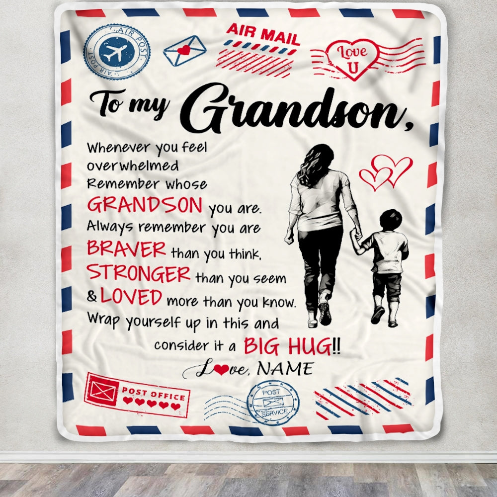 Personalized To My Grandson Blanket From Grandma Gigi Braver Stronger Loved Airmail Grandson Birthday Graduation Christmas Customized Fleece Throw Blanket | siriusteestore