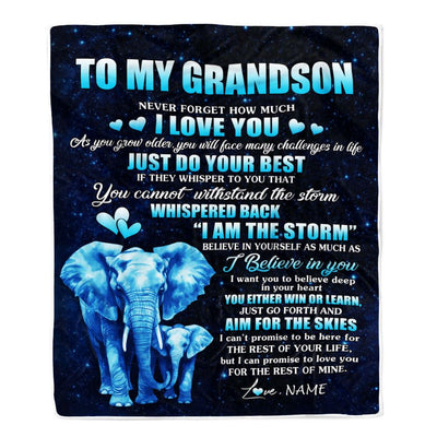 Personalized To My Grandson Blanket From Grandma Grandpa Elephant Never Forget I Love You Grandson Birthday Gifts Christmas Customized Fleece Blanket | siriusteestore