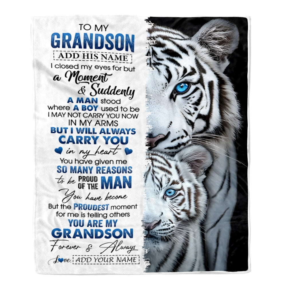 Personalized To My Grandson Blanket From Grandma Grandpa I Close My Eyes White Tiger Grandson Birthday Gifts Graduation Christmas Custom Fleece Throw Blanket | siriusteestore