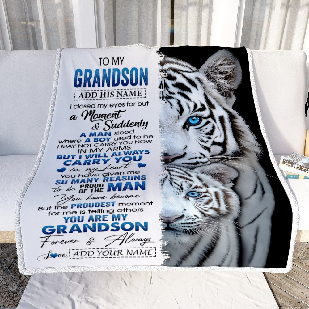 Personalized To My Grandson Blanket From Grandma Grandpa I Close My Eyes White Tiger Grandson Birthday Gifts Graduation Christmas Custom Fleece Throw Blanket | siriusteestore