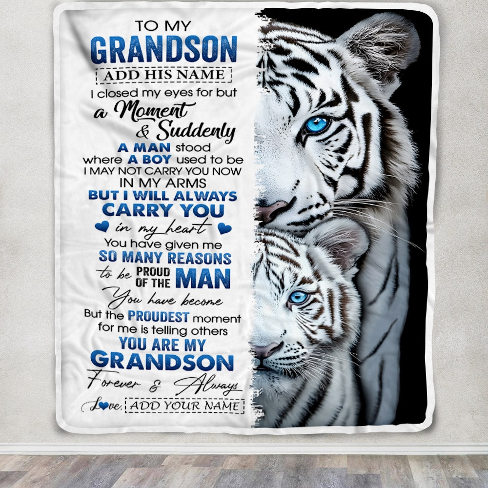 Personalized To My Grandson Blanket From Grandma Grandpa I Close My Eyes White Tiger Grandson Birthday Gifts Graduation Christmas Custom Fleece Throw Blanket | siriusteestore