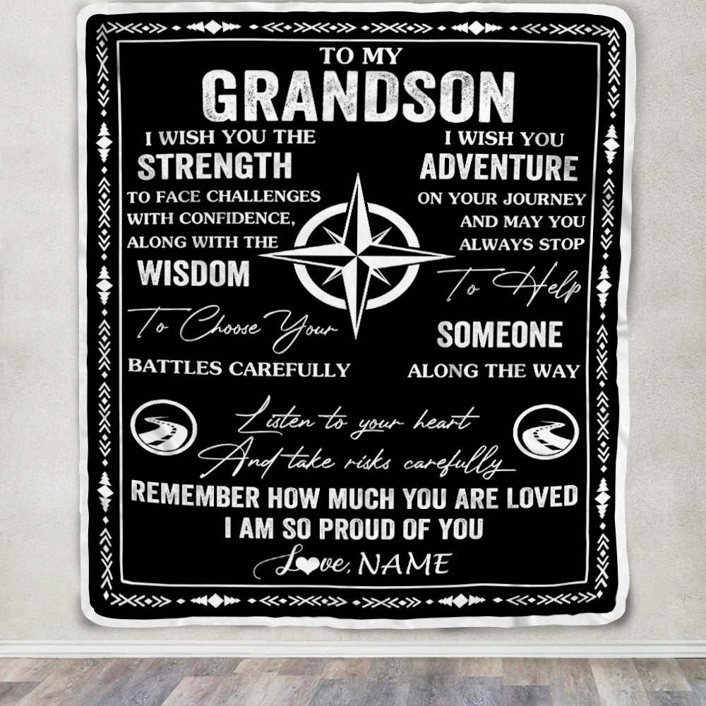 Personalized To My Grandson Blanket From Grandma Grandpa I Wish You The Strength Grandson Birthday Gifts Graduation Christmas Customized Fleece Throw Blanket | siriusteestore