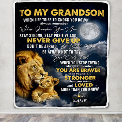 Personalized To My Grandson Blanket From Grandma Grandpa Lion Never Give Up Grandson Birthday Christmas Customized Fleece Throw Blanket | siriusteestore