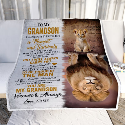 Personalized To My Grandson Blanket From Grandma Grandpa Lion Proud Of The Man You Have Become Grandson Birthday Christmas Customized Fleece Throw Blanket | siriusteestore