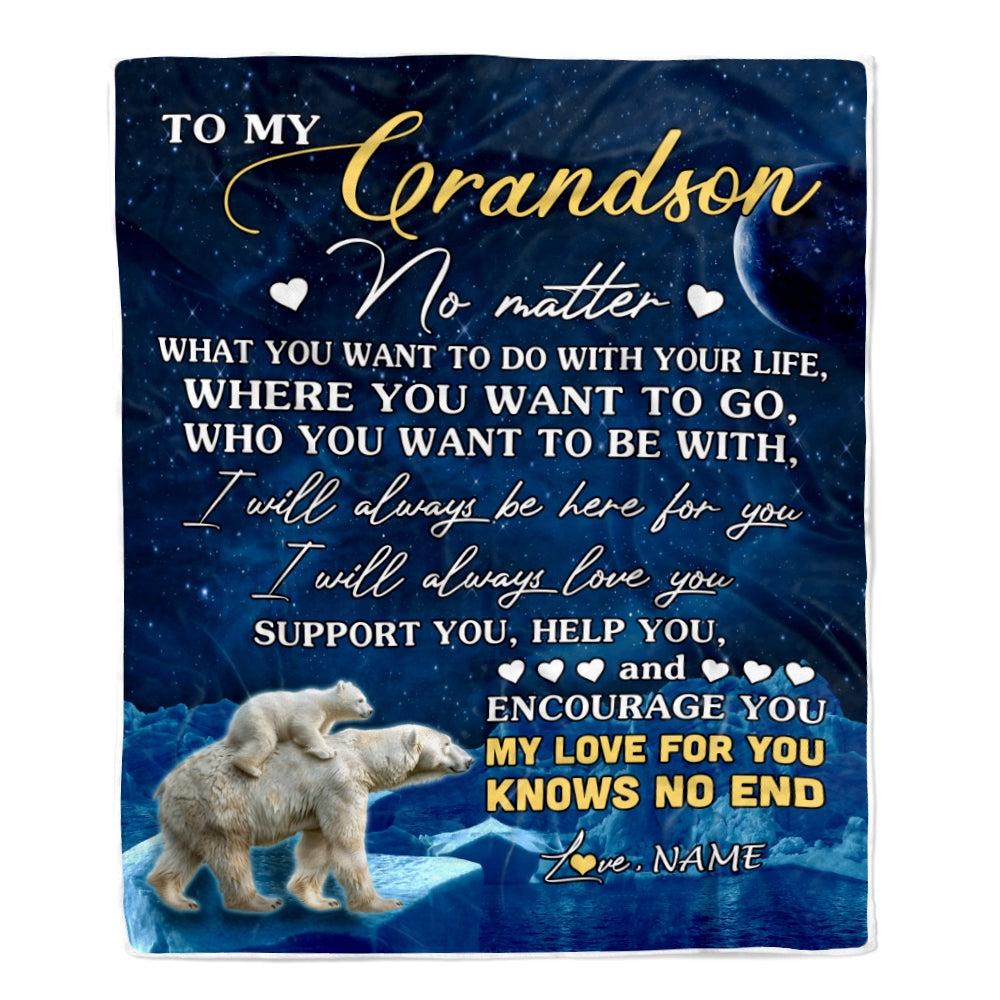 Personalized To My Grandson Blanket From Grandma Grandpa Polar Bear I Will Always Love You Grandson Birthday Graduation Christmas Customized Bed Fleece Blanket | siriusteestore