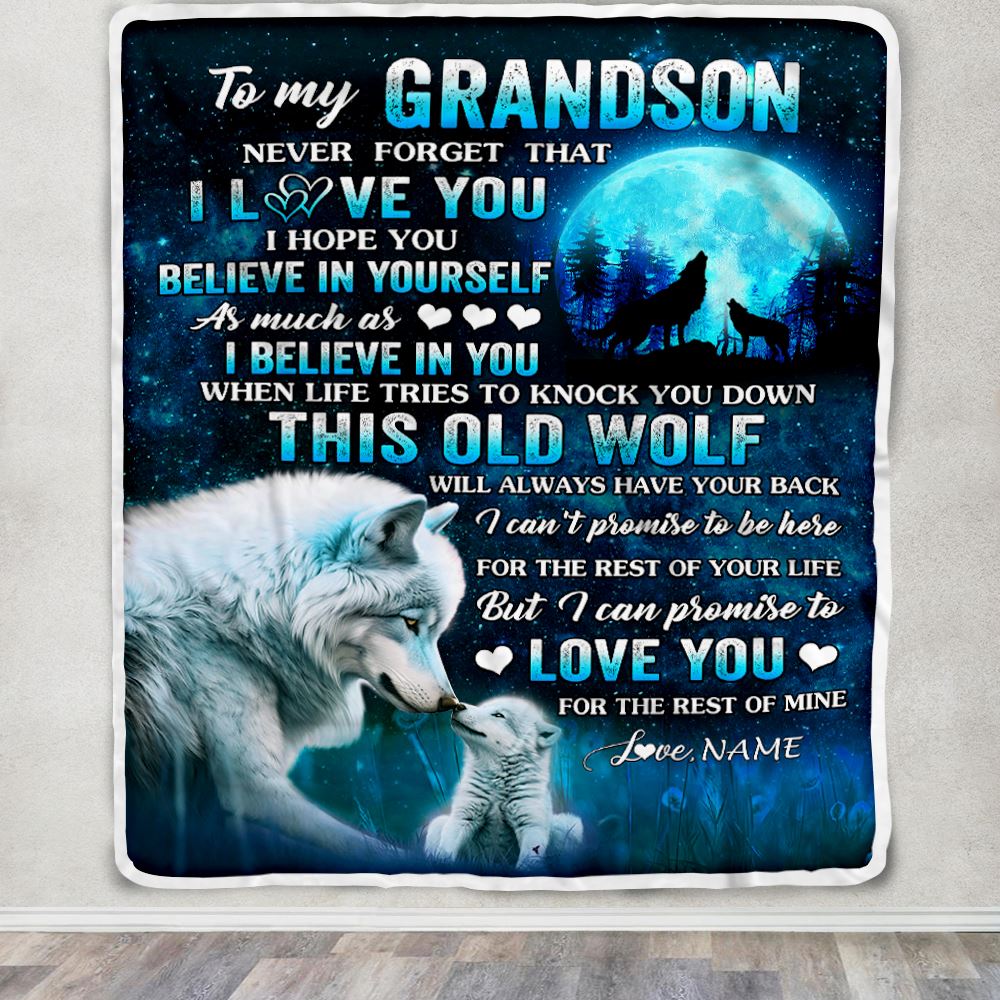 Personalized To My Grandson Blanket From Grandma Grandpa This Old Wolf Love Grandson Birthday Gifts Graduation Christmas Customized Bed Fleece Throw Blanket | siriusteestore