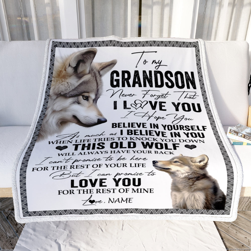 Personalized To My Grandson Blanket From Grandma Grandpa This Old Wolf Love You Grandson Birthday Graduation Christmas Customized Fleece Blanket | siriusteestore