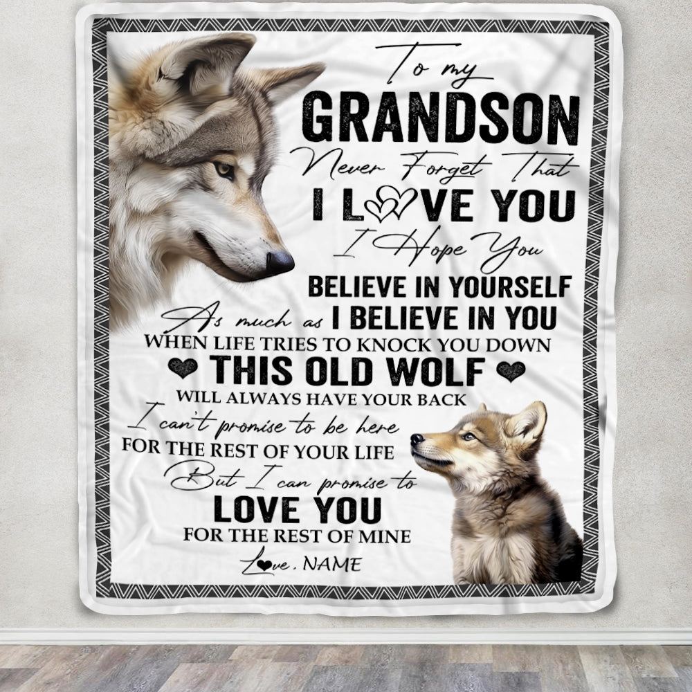 Personalized To My Grandson Blanket From Grandma Grandpa This Old Wolf Love You Grandson Birthday Graduation Christmas Customized Fleece Blanket | siriusteestore