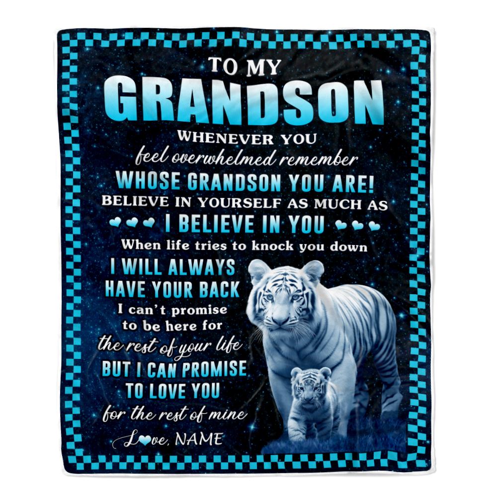 Personalized To My Grandson Blanket From Grandma Grandpa Whenever You Feel White Tiger Grandson Birthday Gifts Graduation Christmas Customized Fleece Blanket | siriusteestore