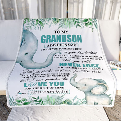 Personalized To My Grandson Blanket From Grandma Grandpa You Will Never Lose Elephant Grandson Birthday Gifts Graduation Christmas Customized Fleece Blanket | siriusteestore