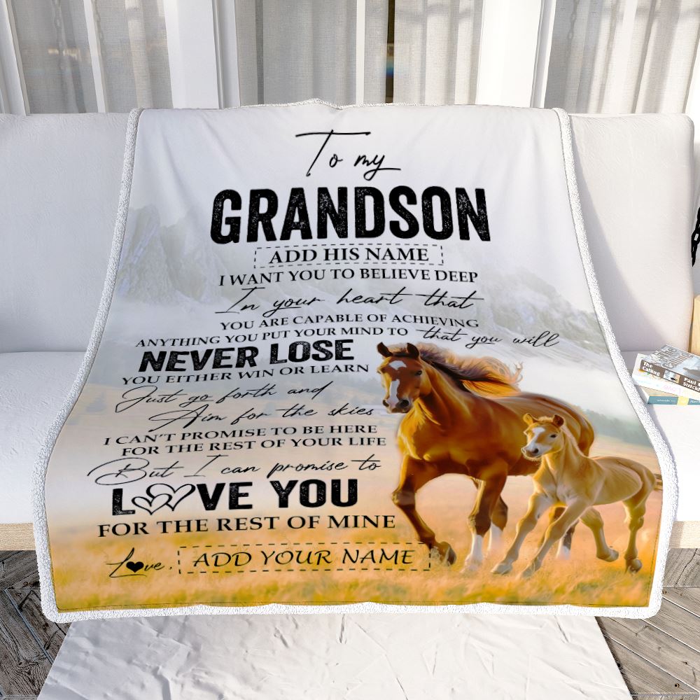 Personalized To My Grandson Blanket From Grandma Grandpa You Will Never Lose Horse Grandson Birthday Gifts Graduation Christmas Customized Fleece Throw Blanket | siriusteestore