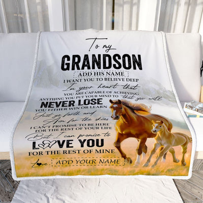 Personalized To My Grandson Blanket From Grandma Grandpa You Will Never Lose Horse Grandson Birthday Gifts Graduation Christmas Customized Fleece Throw Blanket | siriusteestore