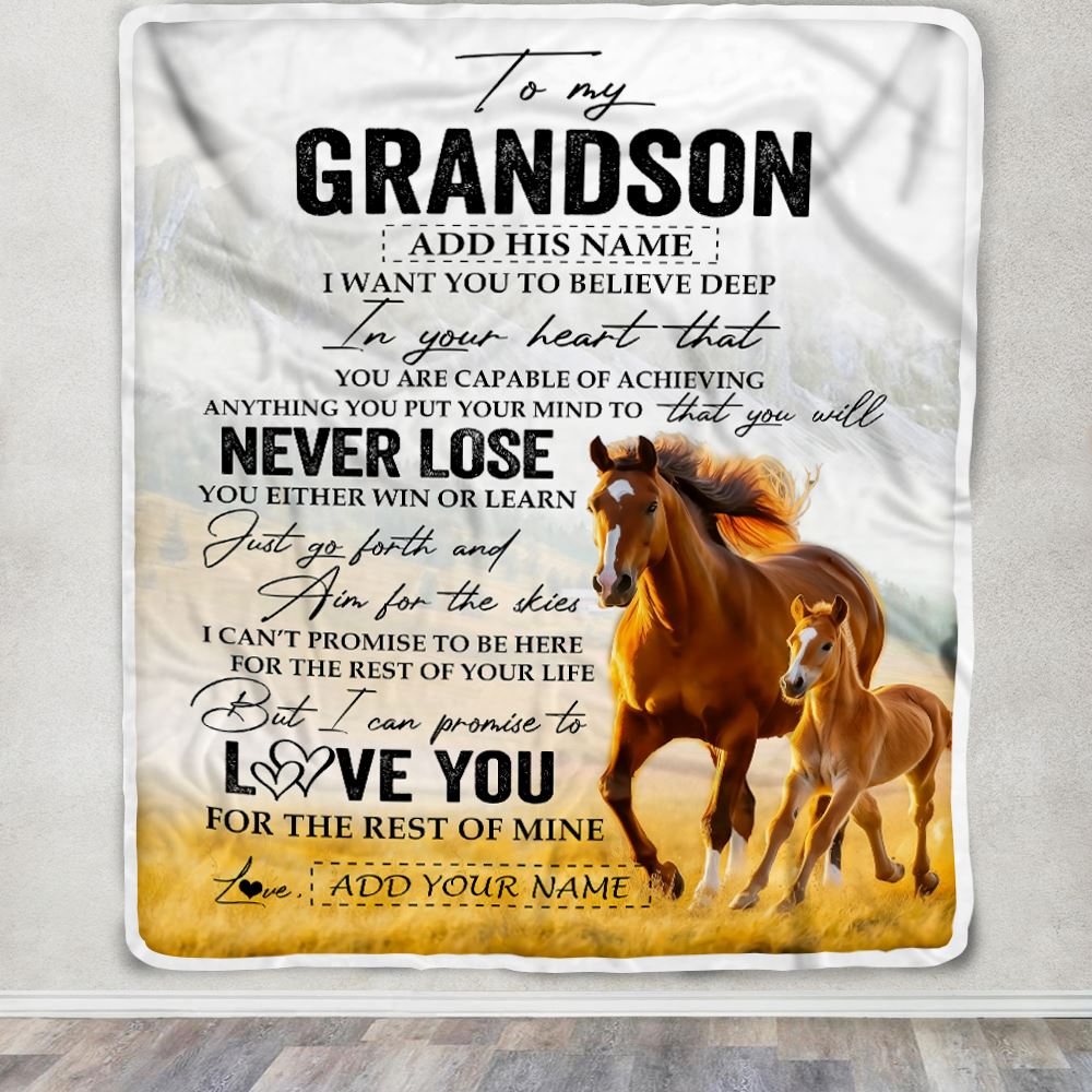 Personalized To My Grandson Blanket From Grandma Grandpa You Will Never Lose Horse Grandson Birthday Gifts Graduation Christmas Customized Fleece Throw Blanket | siriusteestore