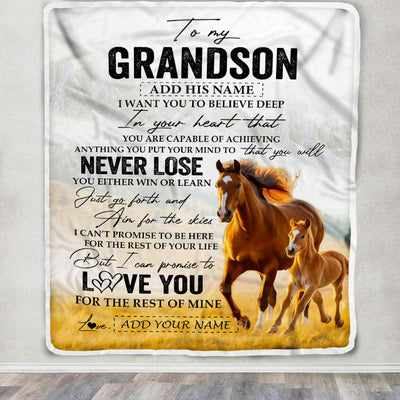 Personalized To My Grandson Blanket From Grandma Grandpa You Will Never Lose Horse Grandson Birthday Gifts Graduation Christmas Customized Fleece Throw Blanket | siriusteestore