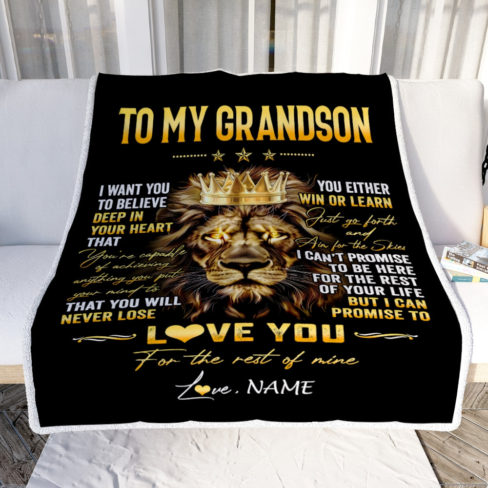 Personalized To My Grandson Blanket From Grandma Grandpa You Will Never Lose Lion Grandson Birthday Graduation Christmas Customized Fleece Throw Blanket | siriusteestore