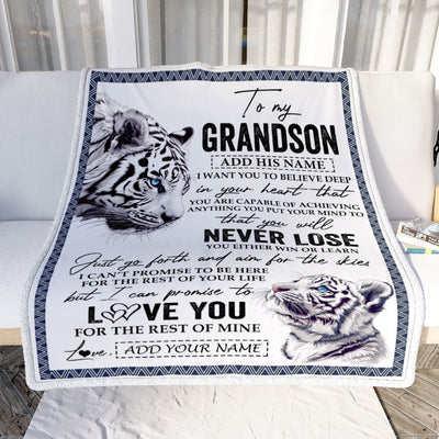 Personalized To My Grandson Blanket From Grandma Grandpa You Will Never Lose White Tiger Grandson Birthday Gifts Graduation Christmas Customized Fleece Blanket | siriusteestore