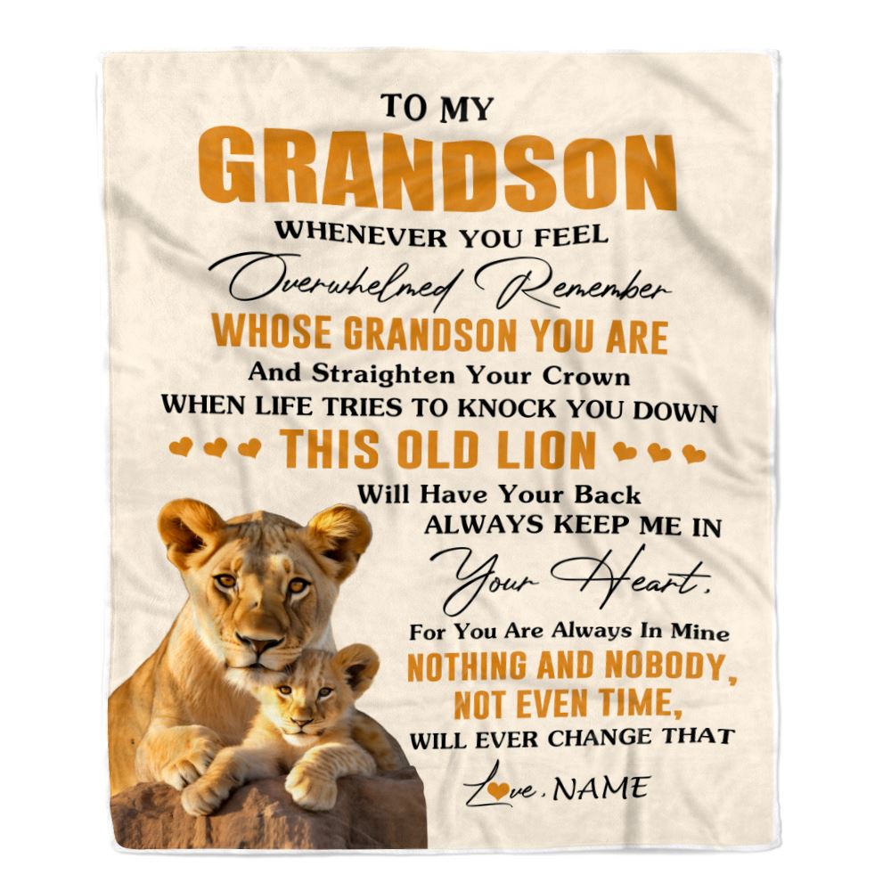 Personalized To My Grandson Blanket From Grandma Granny Whenever You Fell Overwhelmed Lion Grandson Birthday Gifts Christmas Customized Fleece Throw Blanket | siriusteestore