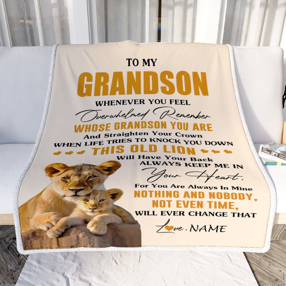 Personalized To My Grandson Blanket From Grandma Granny Whenever You Fell Overwhelmed Lion Grandson Birthday Gifts Christmas Customized Fleece Throw Blanket | siriusteestore