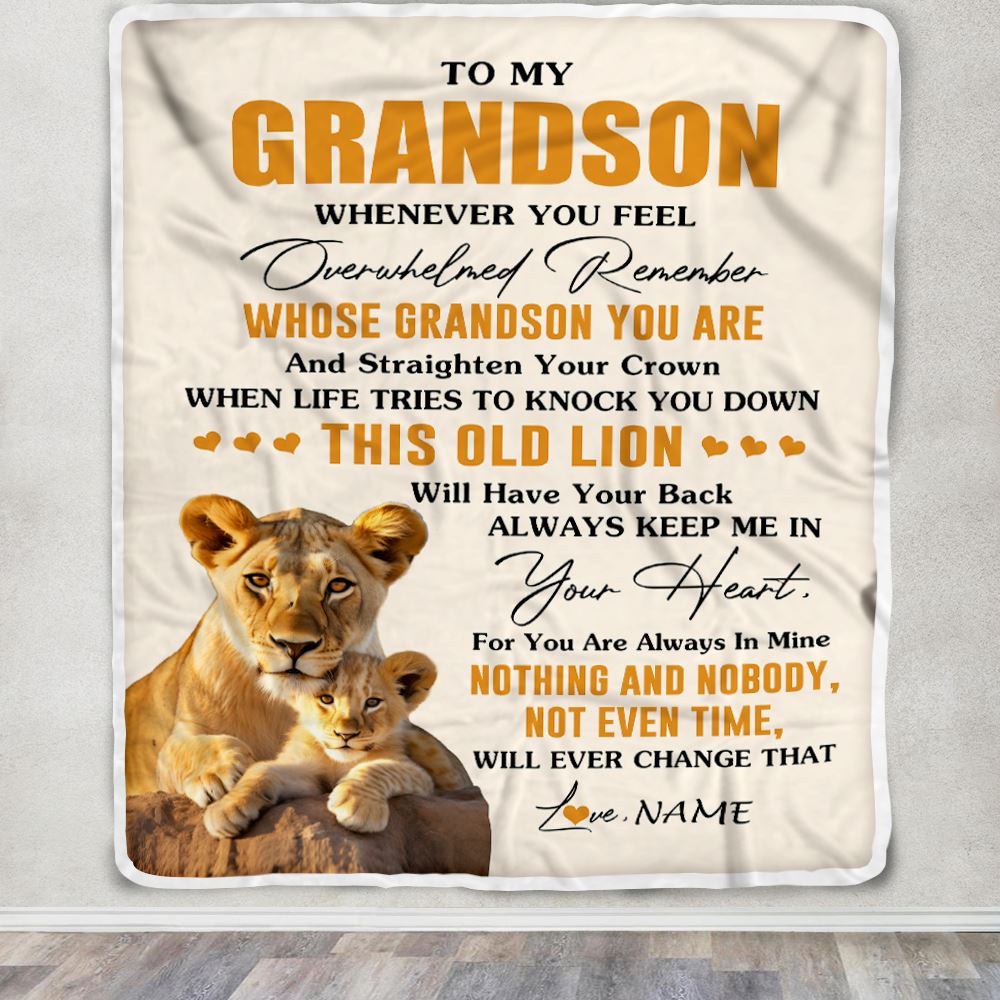 Personalized To My Grandson Blanket From Grandma Granny Whenever You Fell Overwhelmed Lion Grandson Birthday Gifts Christmas Customized Fleece Throw Blanket | siriusteestore