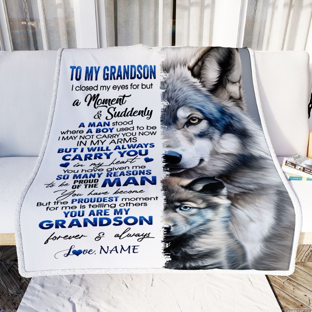 Personalized To My Grandson Blanket From Grandma I Close My Eyes For But A Moment Wolf Grandson Birthday Graduation Christmas Customized Gift Fleece Blanket | siriusteestore