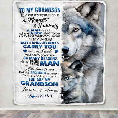 Personalized To My Grandson Blanket From Grandma I Close My Eyes For But A Moment Wolf Grandson Birthday Graduation Christmas Customized Gift Fleece Blanket | siriusteestore