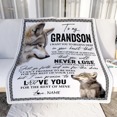 Personalized To My Grandson Blanket From Grandma Nana Papa You Will Never Lose Wolf Grandson Birthday Graduation Christmas Customized Bed Fleece Throw Blanket | siriusteestore