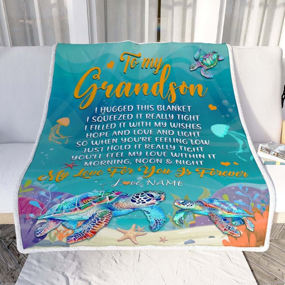 Personalized To My Grandson Blanket From Grandma Papa I Hugged This Blanket Turtle Beach Grandson Birthday Thanksgiving Christmas Customized Fleece Blanket | siriusteestore
