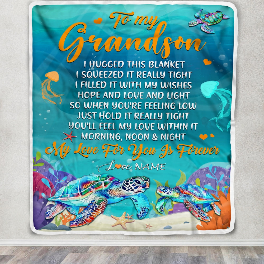 Personalized To My Grandson Blanket From Grandma Papa I Hugged This Blanket Turtle Beach Grandson Birthday Thanksgiving Christmas Customized Fleece Blanket | siriusteestore