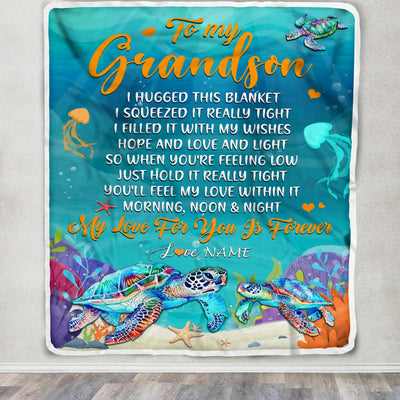 Personalized To My Grandson Blanket From Grandma Papa I Hugged This Blanket Turtle Beach Grandson Birthday Thanksgiving Christmas Customized Fleece Blanket | siriusteestore