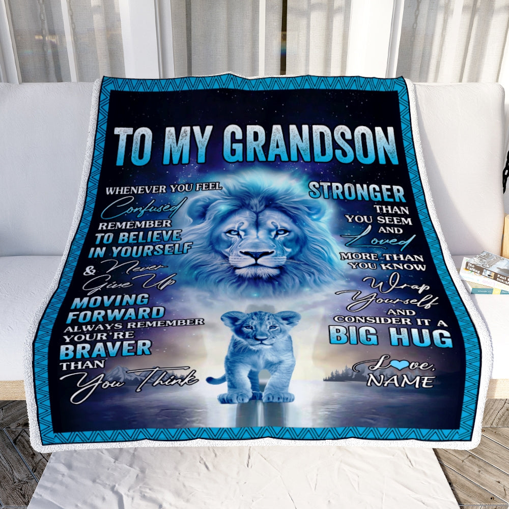 Personalized To My Grandson Blanket From Grandma Papa I Love You It A Big Hug Lion Grandson Birthday Christmas Customized Fleece Throw Blanket | siriusteestore