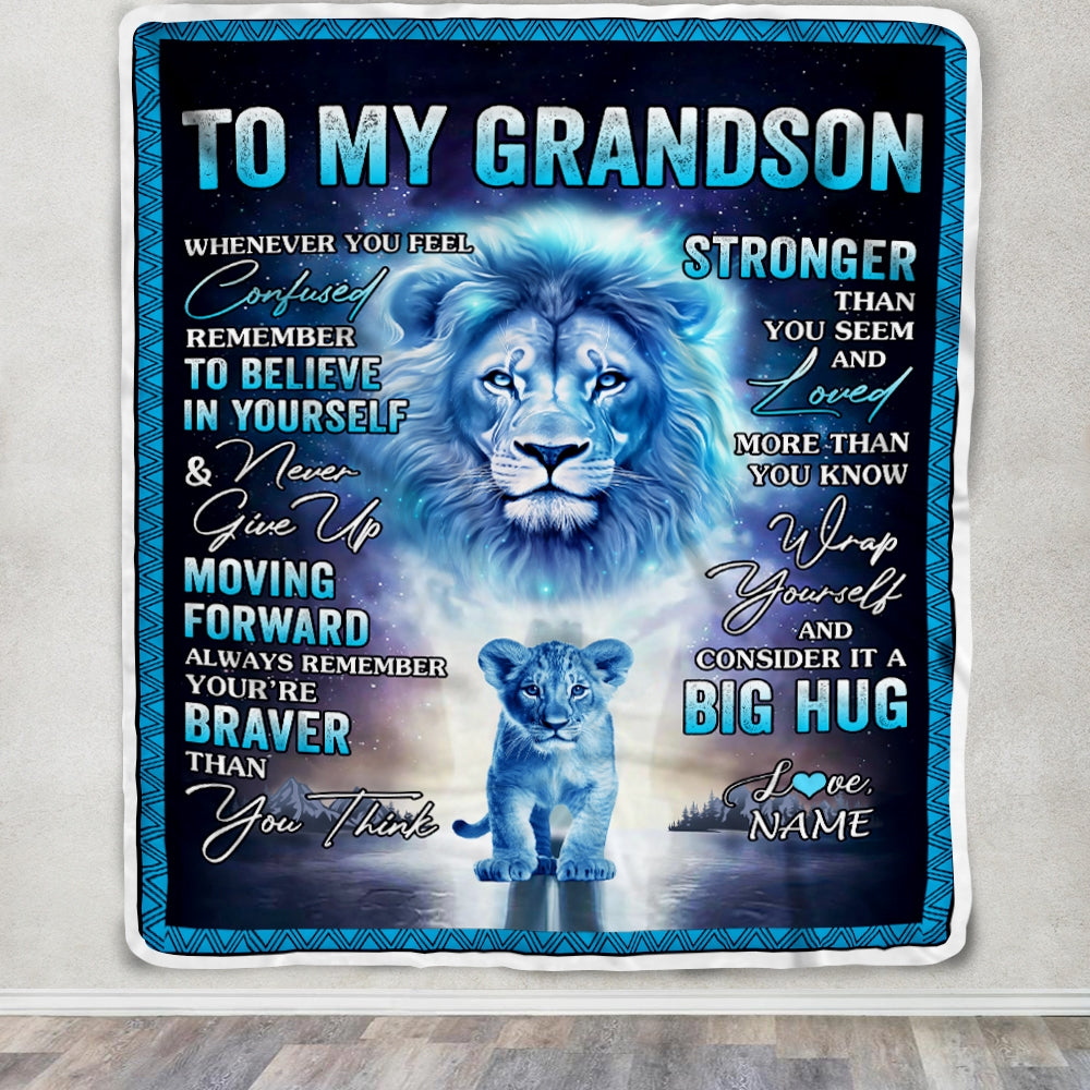 Personalized To My Grandson Blanket From Grandma Papa I Love You It A Big Hug Lion Grandson Birthday Christmas Customized Fleece Throw Blanket | siriusteestore