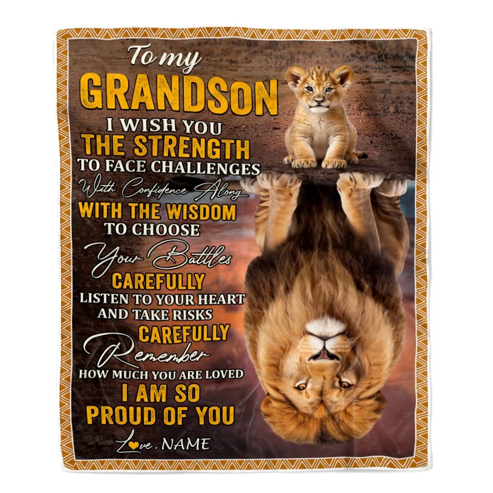 Personalized To My Grandson Blanket From Grandma Papa I Wish You The Strength Lion Grandson Birthday Graduation Christmas Gift Bed Quilt Fleece Throw Blanket | siriusteestore