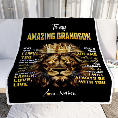 Personalized To My Grandson Blanket From Grandma Papa Never Forget I Love You Lion Grandson Birthday Graduation Christmas Customized Fleece Throw Blanket | siriusteestore