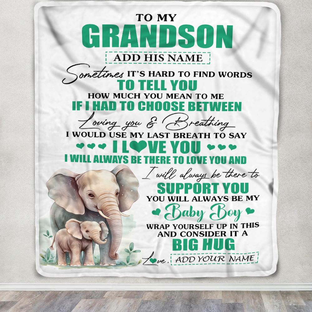 Personalized To My Grandson Blanket From Grandma Papa Sometimes It's Hard Elephant Grandson Birthday Gifts Graduation Christmas Customized Fleece Throw Blanket | siriusteestore