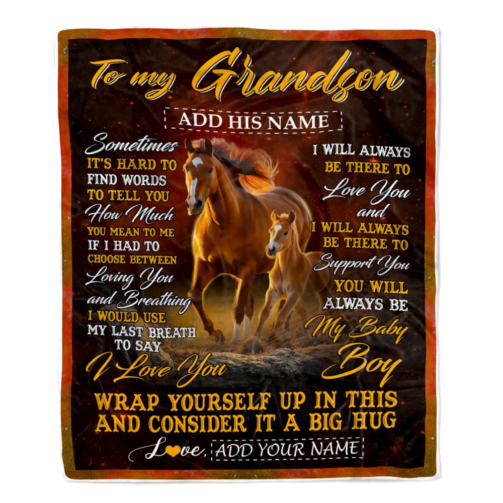 Personalized To My Grandson Blanket From Grandma Papa Sometimes It's Hard Horse Grandson Birthday Gifts Graduation Christmas Customized Fleece Throw Blanket | siriusteestore