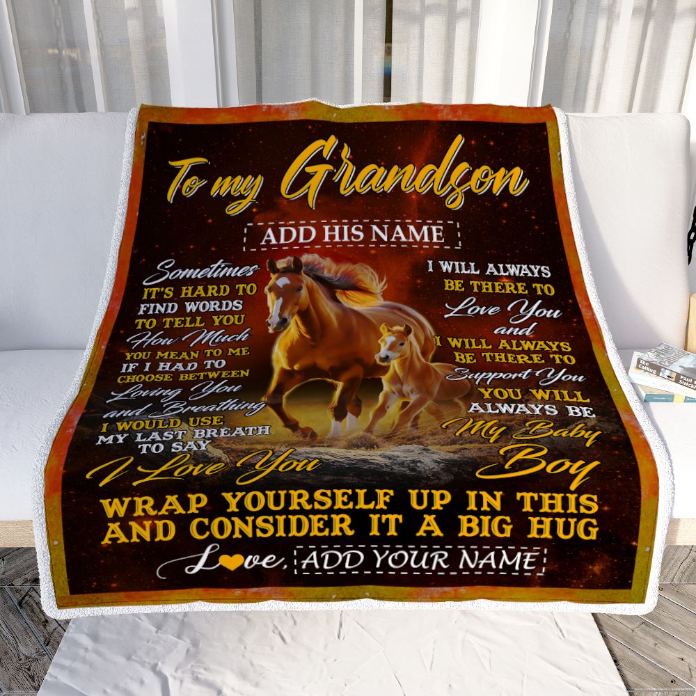 Personalized To My Grandson Blanket From Grandma Papa Sometimes It's Hard Horse Grandson Birthday Gifts Graduation Christmas Customized Fleece Throw Blanket | siriusteestore
