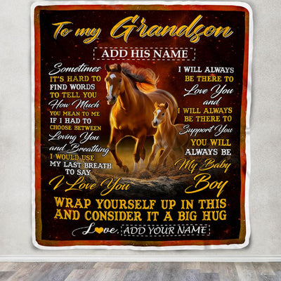 Personalized To My Grandson Blanket From Grandma Papa Sometimes It's Hard Horse Grandson Birthday Gifts Graduation Christmas Customized Fleece Throw Blanket | siriusteestore