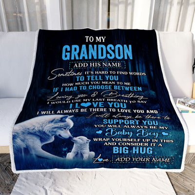 Personalized To My Grandson Blanket From Grandma Papa Sometimes It's Hard Wolf Grandson Birthday Gifts Graduation Christmas Customized Fleece Throw Blanket | siriusteestore