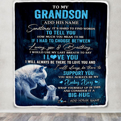 Personalized To My Grandson Blanket From Grandma Papa Sometimes It's Hard Wolf Grandson Birthday Gifts Graduation Christmas Customized Fleece Throw Blanket | siriusteestore