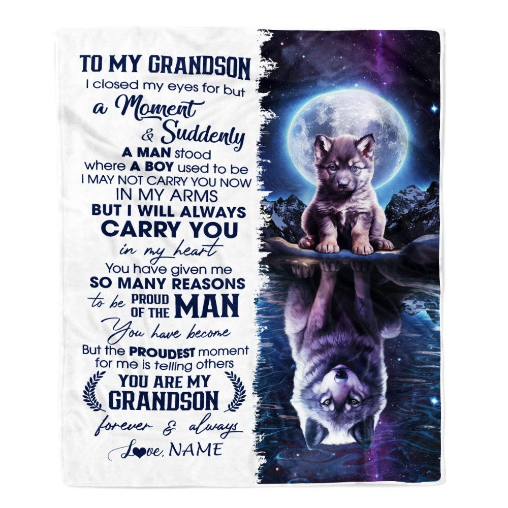 Personalized To My Grandson Blanket From Grandma Pops I Close My Eyes Wolf Grandson Birthday Graduation Christmas Customized Gift Fleece Throw Blanket | siriusteestore