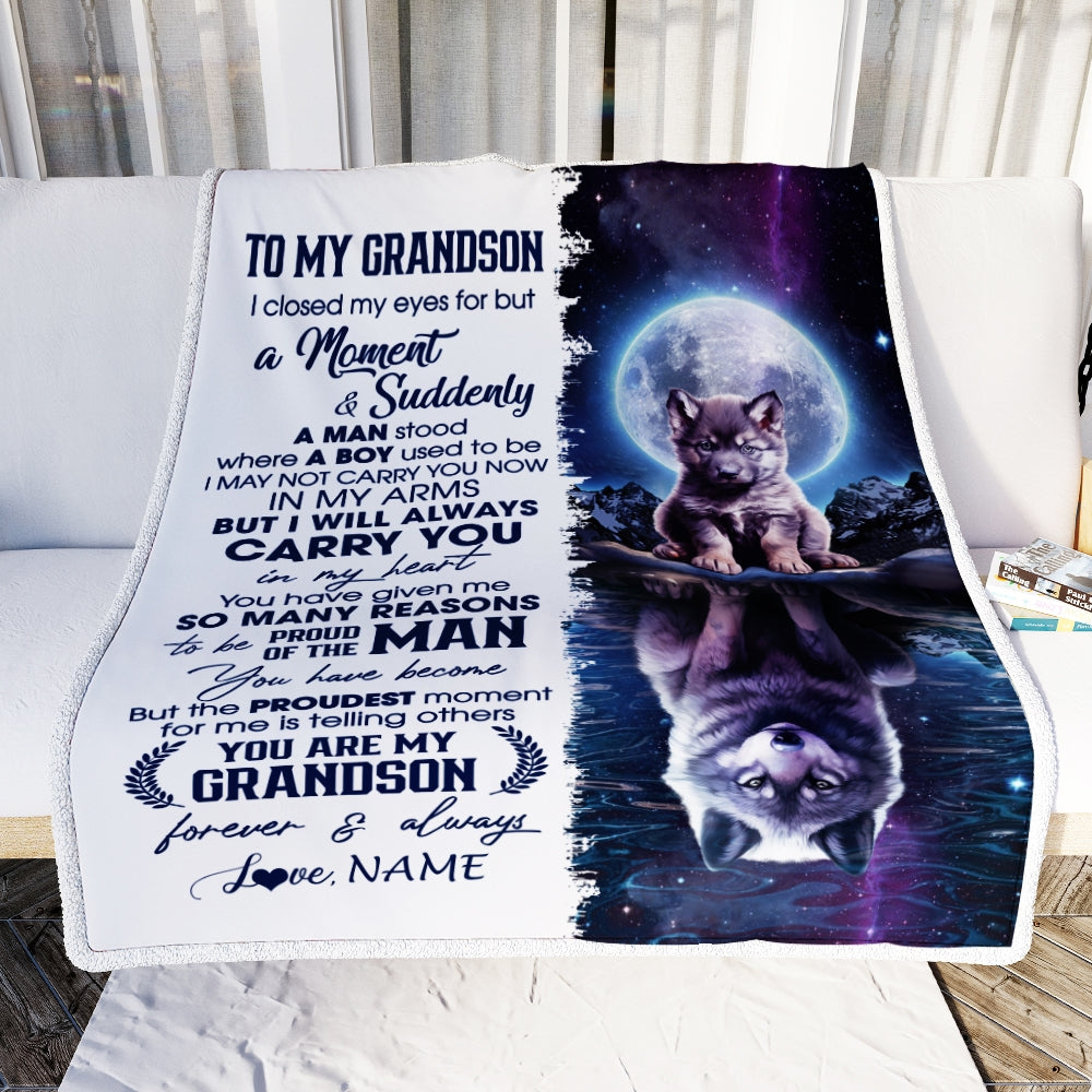 Personalized To My Grandson Blanket From Grandma Pops I Close My Eyes Wolf Grandson Birthday Graduation Christmas Customized Gift Fleece Throw Blanket | siriusteestore