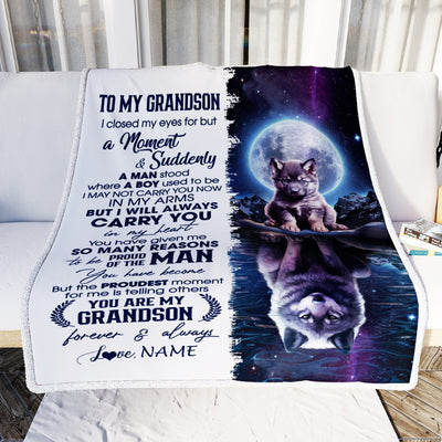 Personalized To My Grandson Blanket From Grandma Pops I Close My Eyes Wolf Grandson Birthday Graduation Christmas Customized Gift Fleece Throw Blanket | siriusteestore
