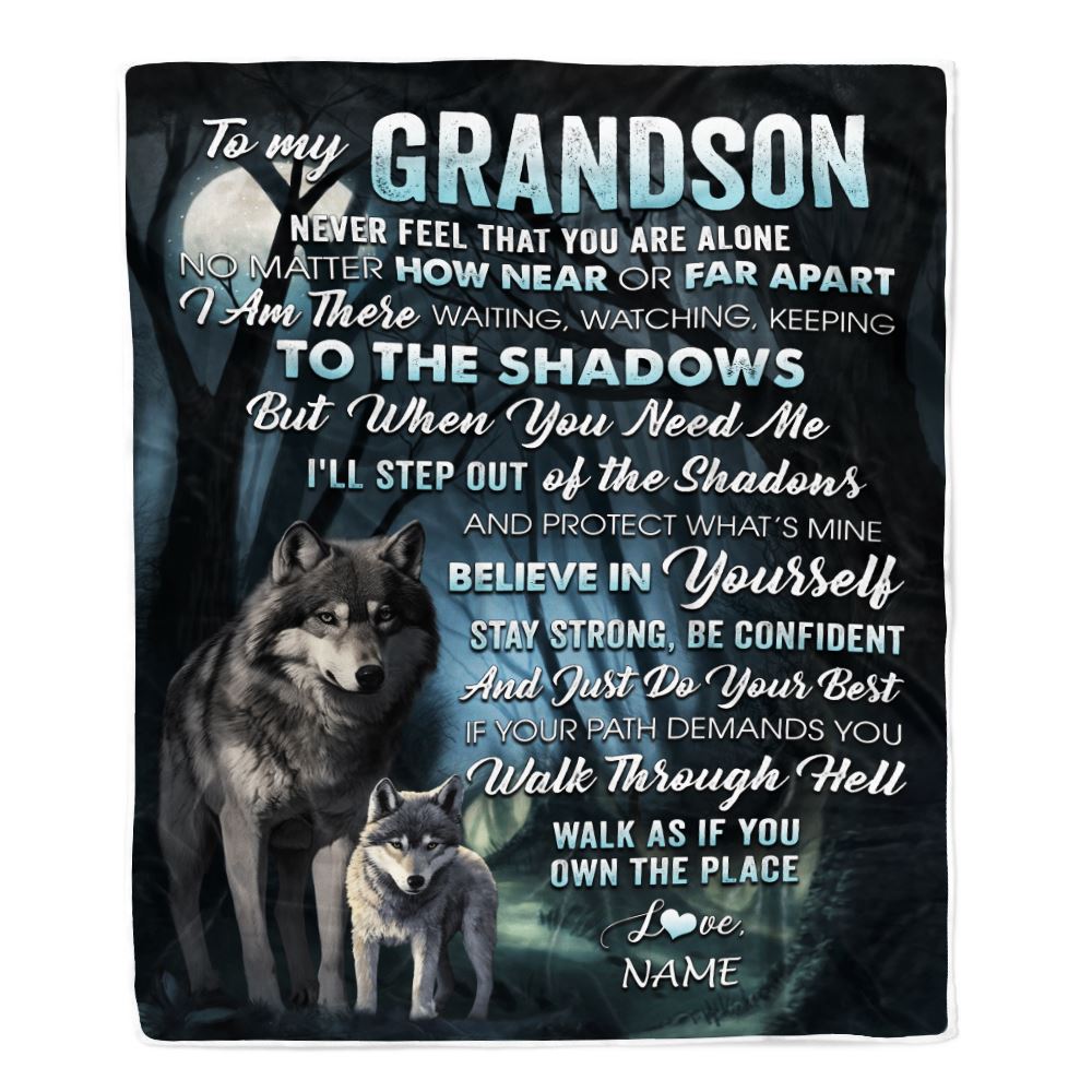 Personalized To My Grandson Blanket From Grandma Pops Never Feel That You Are Alone Wolf Grandson Birthday Graduation Christmas Customized Gift Fleece Blanket | siriusteestore
