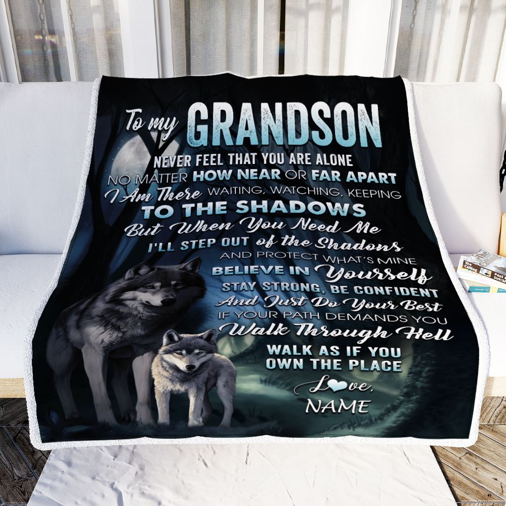 Personalized To My Grandson Blanket From Grandma Pops Never Feel That You Are Alone Wolf Grandson Birthday Graduation Christmas Customized Gift Fleece Blanket | siriusteestore