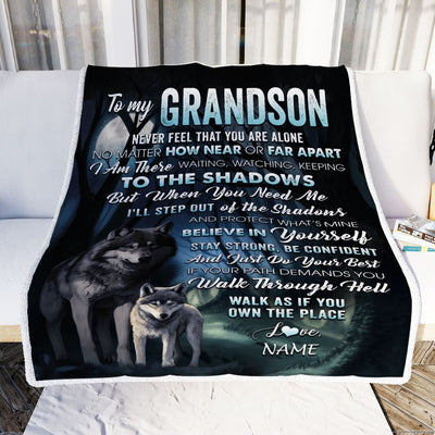 Personalized To My Grandson Blanket From Grandma Pops Never Feel That You Are Alone Wolf Grandson Birthday Graduation Christmas Customized Gift Fleece Blanket | siriusteestore