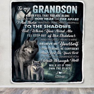 Personalized To My Grandson Blanket From Grandma Pops Never Feel That You Are Alone Wolf Grandson Birthday Graduation Christmas Customized Gift Fleece Blanket | siriusteestore