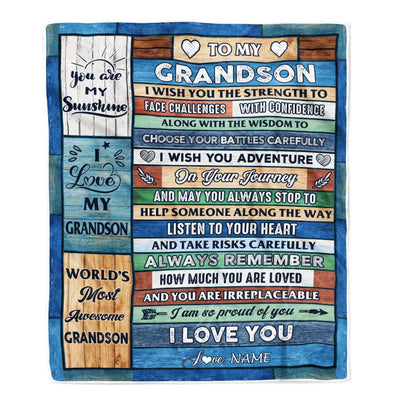 Personalized To My Grandson Blanket From Grandma Pops Wood I Am So Proud Of You I Love You Grandson Birthday Graduation Christmas Customized Fleece Blanket | siriusteestore