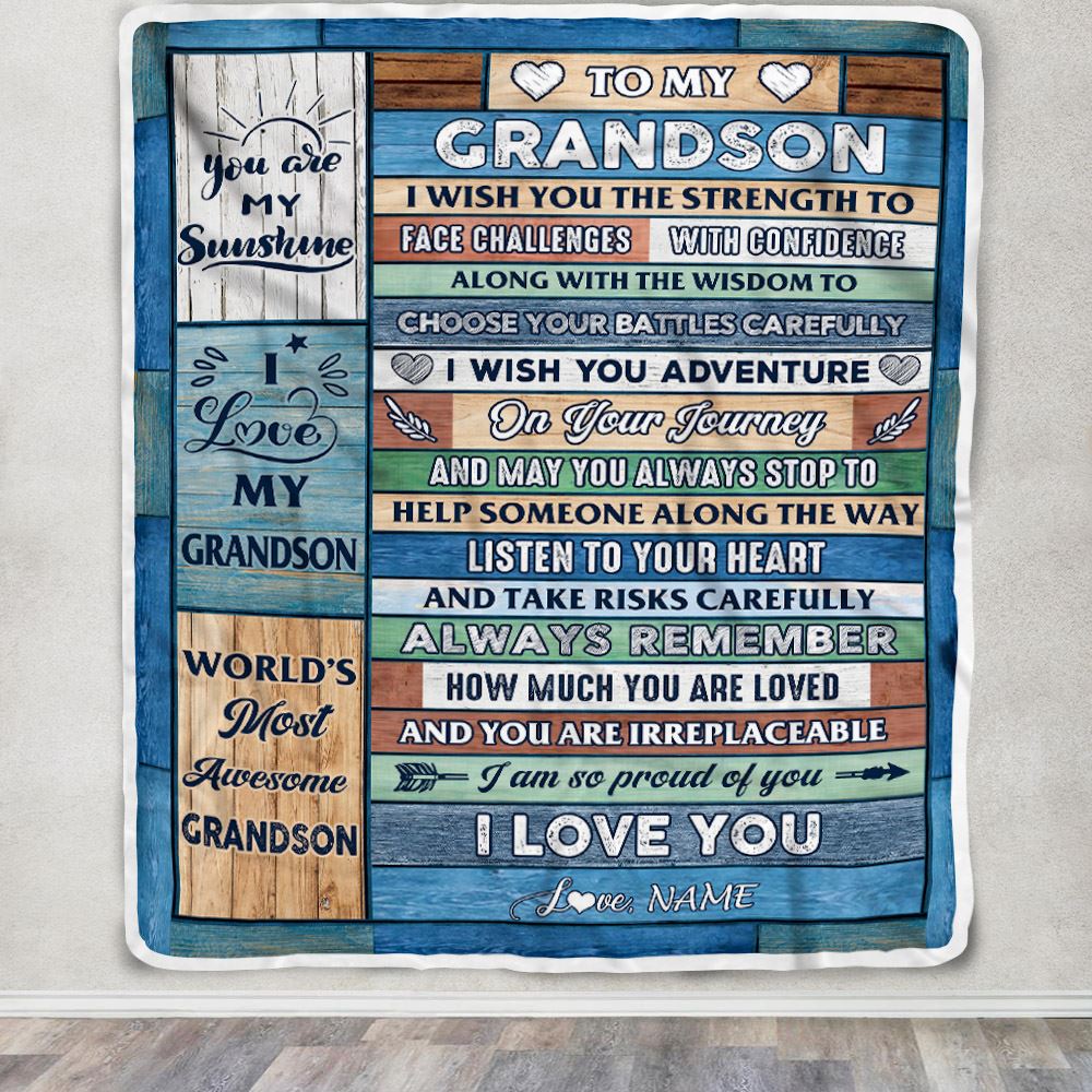 Personalized To My Grandson Blanket From Grandma Pops Wood I Am So Proud Of You I Love You Grandson Birthday Graduation Christmas Customized Fleece Blanket | siriusteestore